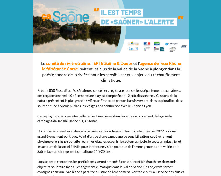 COMMUNIQUE. « Avec la campagne « Ça Saône », l’EPTB Saône & Doubs et l’Agence de l’eau sensibilisent les élus aux enjeux du réchauffement climatique. »